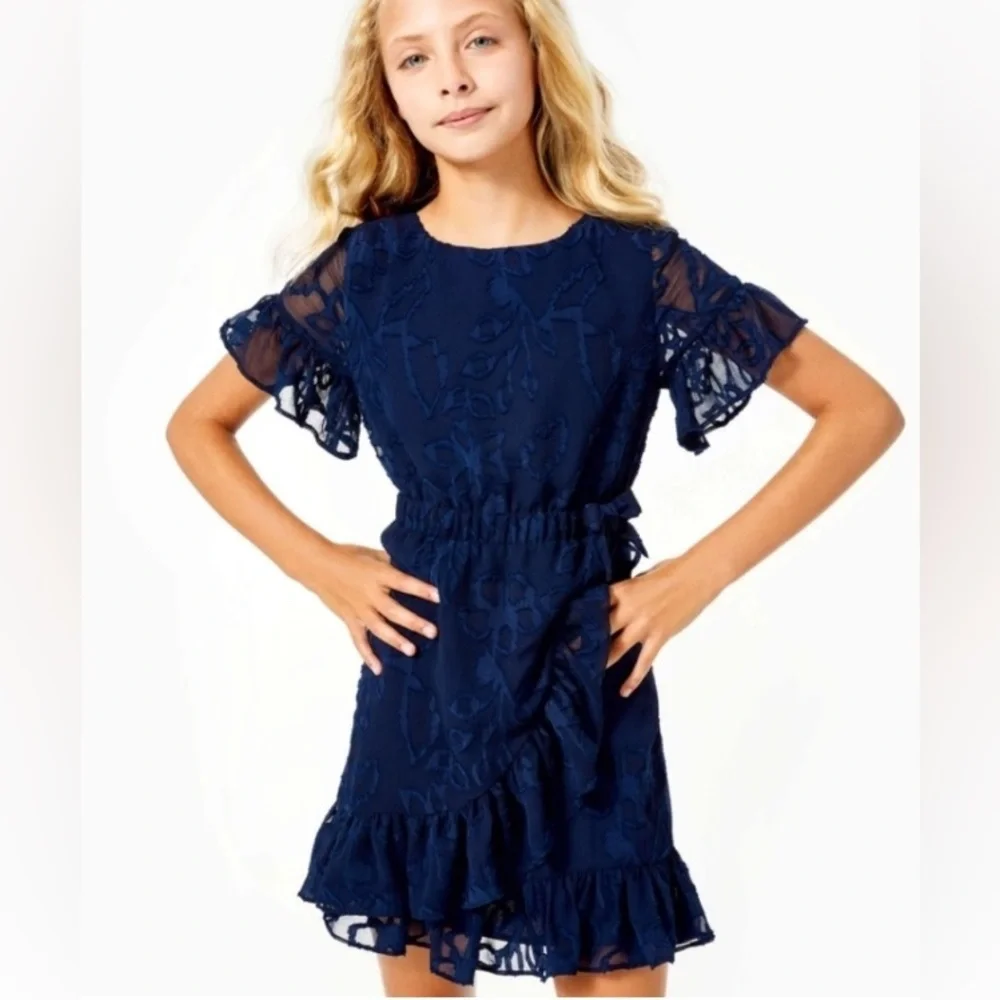 Lilly Pulitzer Mini Darlah Botanical Clip True Navy Chiffon Dress, Girl's Size 7